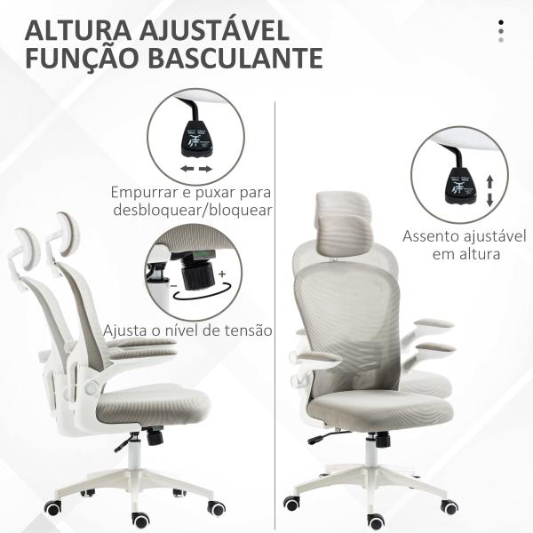 Cadeira de Escritório Basculante com Encosto Alto Apoio para a Cabeça Ajustável e Suporte Lombar 62x64x112 - 120 cm Cinza