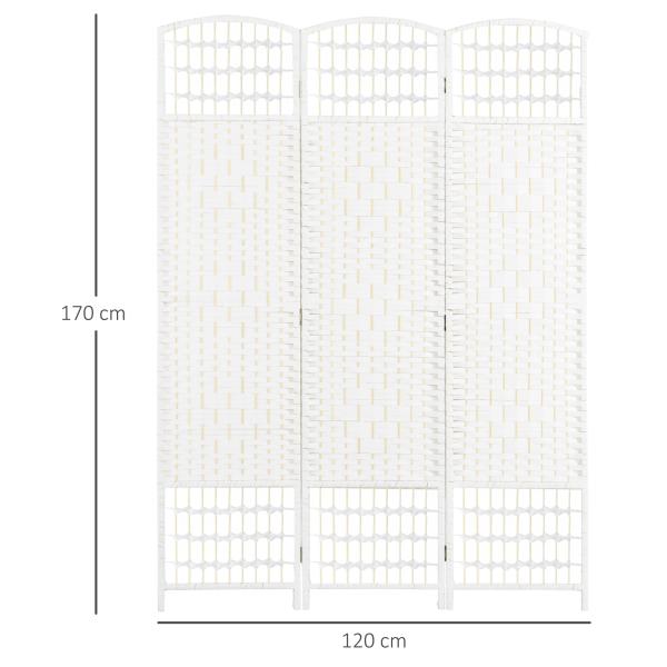 Biombo Separador de Ambientes de 3 Painéis 120x170 cm Divisória de Ambientes Dobrável com Corda de Papel e Estrutura de Madeira Branco