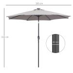 Chapéu de Sol para Terraço Exterior, Ø265 cm, Guarda - sol de Jardim com 32 Luzes LED Solares, Poste de Aço e Manivela Inclinável, para Pátio, Terraço, Cinzento