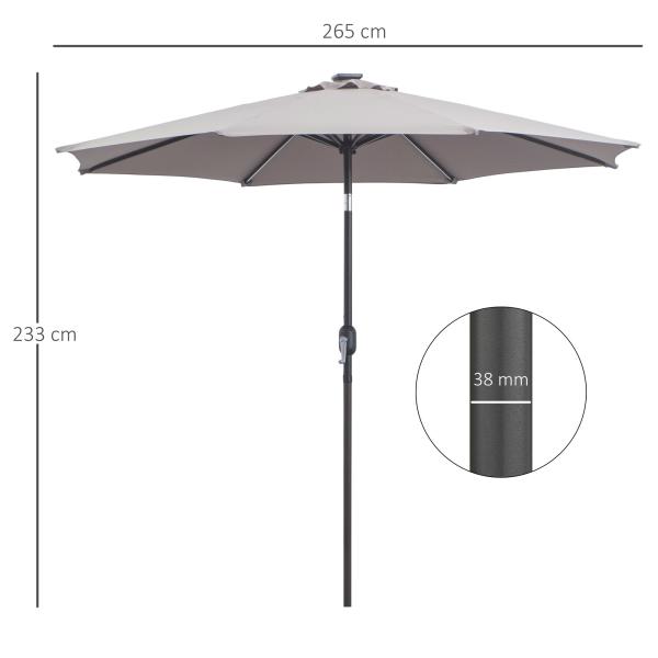 Chapéu de Sol para Terraço Exterior, Ø265 cm, Guarda - sol de Jardim com 32 Luzes LED Solares, Poste de Aço e Manivela Inclinável, para Pátio, Terraço, Cinzento