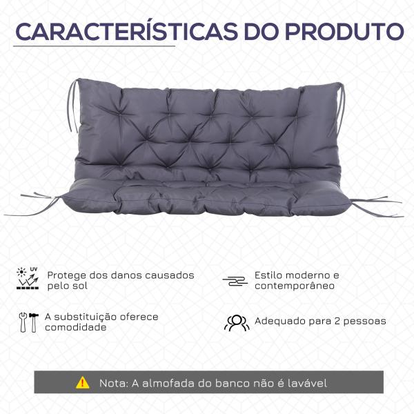 Almofada para Banco com Encosto 120x110x12cm Almofada de Banco de 2 Lugares para Jardim Terraço Balcão Exterior Cinza