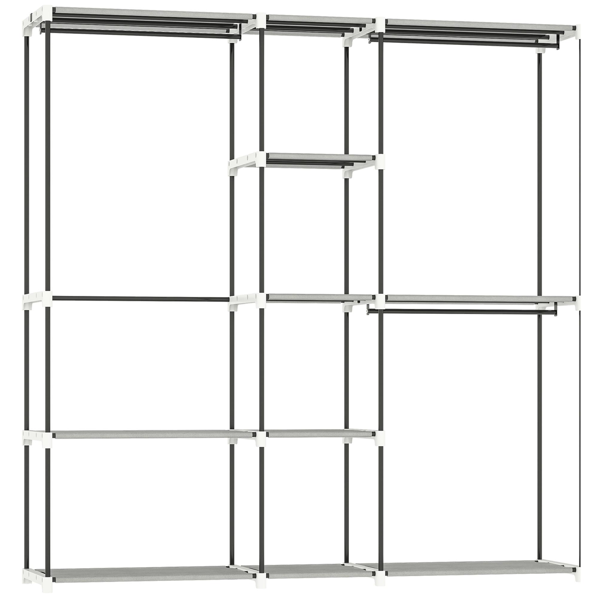 Armário para Roupas 182x43x185 cm Armário Aberto com 8 Prateleiras de Tecido Barras para Pendurar 182x43x185 cm Cinza