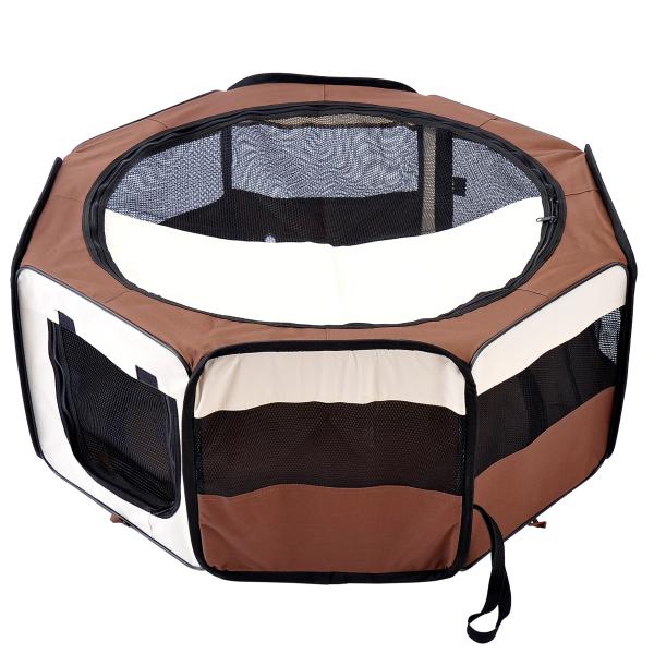 Parque Dobrável para Cães e Gatos, Cercado Portátil para Animais Pequenos em Tecido Oxford Impermeável, Ø90x41 cm, Castanho