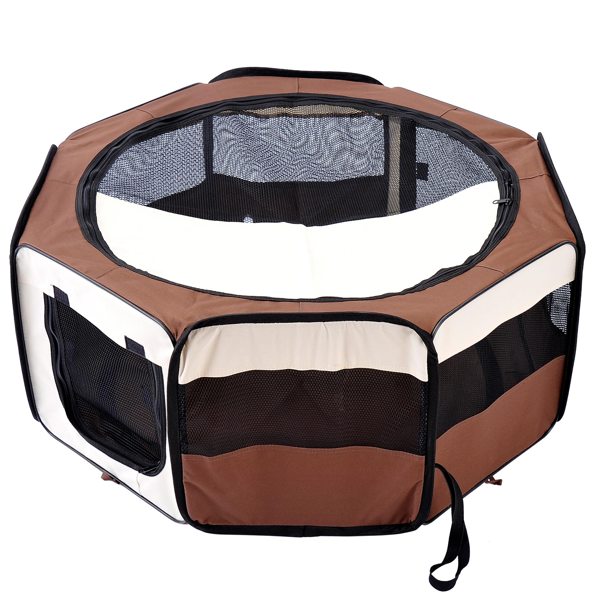 Parque Dobrável para Cães e Gatos, Cercado Portátil para Animais Pequenos em Tecido Oxford Impermeável, Ø90x41 cm, Castanho
