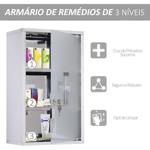 Armário em Casa de banho Armazenar Medicamentos 50x30x18 cm primeiros socorros aço inoxidável