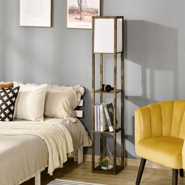 Candeeiro de Pé de Madeira com 3 Prateleiras para Lâmpada E27 Potência Máx. 40W 26x26x160 cm Marrom Rústico