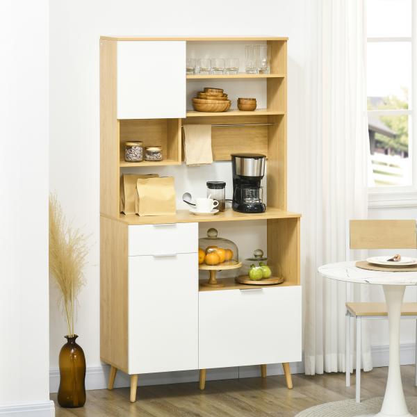 Armário de Cozinha com 3 Portas Gaveta Prateleira Ajustável Bancada para Micro - Ondas e Suporte para Panos 93x40x180 cm Madeira e Branco