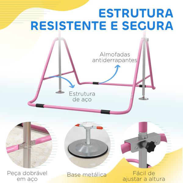 Barra de Ginástica para Crianças Dobrável com Altura Ajustável para Treino em Casa 154x106,2x88,5 - 128,5 cm Rosa