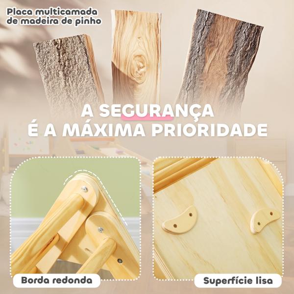 Triângulo de Escalada de Madeira 2 em 1 Escalada para Crianças de 18 - 48 Meses com Rampa para Deslizar ou Escalar 147x64,5x63 cm Madeira