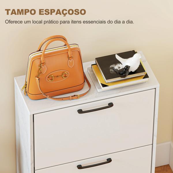 Sapateira Estreita 2 Portas de Alto Brilho com Prateleiras Ajustáveis Design Mármore para 8 Pares de Sapatos 60x24x80 cm Branco