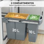 Balde do Lixo Sob Lavatório Balde do Lixo de Cozinha com 2 Contentores de Reciclagem Extraíveis 20L+10L 52x26x40,8 cm Cinzento