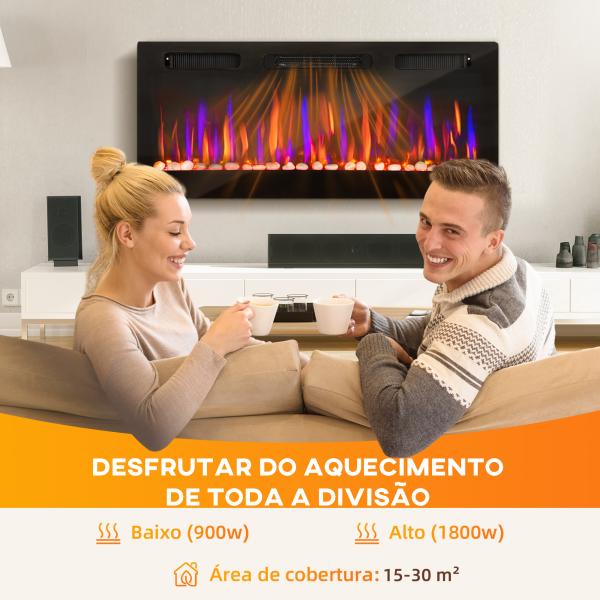 Lareira Elétrica Ultrafina de Parede e Embutir com Chama 3D Brilho/Velocidade Ajustável 12 Cores Pedras 900/1800W 106,7x9,4x47 cm Preto