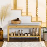 Banco Sapateira de Bambu com Assento Estofado para 3 Pares de Sapatos e Prateleira de 90x30x46 cm Madeira