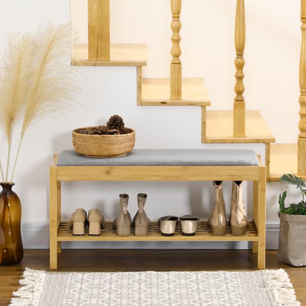 Banco Sapateira de Bambu com Assento Estofado para 3 Pares de Sapatos e Prateleira de 90x30x46 cm Madeira
