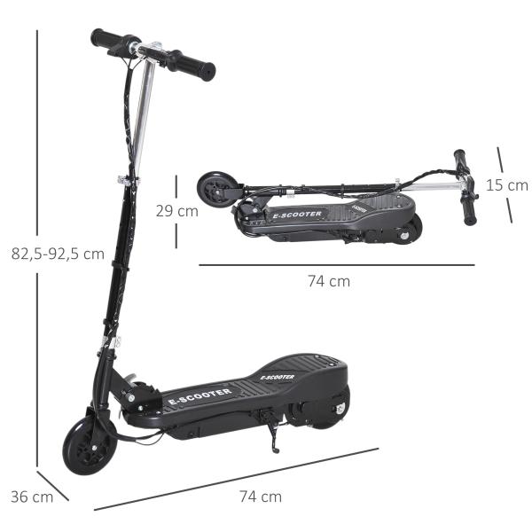 Trotinete Elétrica para Crianças + 7 Anos trotinete Dobrável com Altura Ajustável 24V Bateria Recarregável Velocidade até 12 km/h e Carga 50 kg 74x36x82,5 - 92,5 cm Preto
