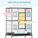 Gaiola para Pássaros com Rodas 81x48x162,5 cm com Bandeja 4 Poleiros 4 Comedouros e Prateleira Preto e Cinza