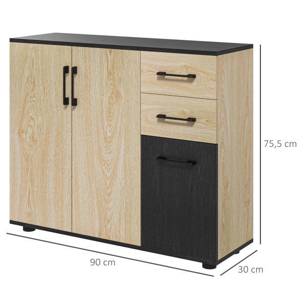 Aparador Estreito de Sala com 2 Portas, 2 Gavetas e Prateleira Ajustável 90x30x75,5 cm Natural e Preto