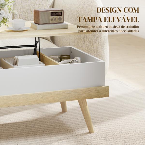 Mesa de Centro Elevatória com 3 Compartimentos de Armazenamento Ocultos e Pés de Madeira 100x79x54 cm Madeira e Branco