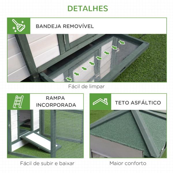 Galinheiro de Madeira de Pinho para 1 - 2 Galinhas com Caixa Ninho Bandeja e Espaço para Correr 196x76x97 cm Verde