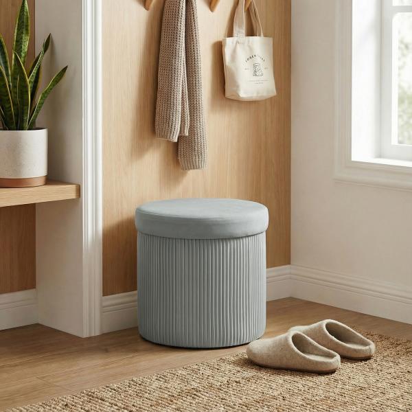 Puff de Arrumação Banco de Arrumação Dobrável 35 L 38x38x38 cm Estofado em Veludo Baú de Arrumação Cinzento Escuro