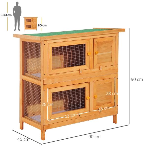 Coelheira de Madeira Exterior de 2 Níveis Gaiola para 1 - 2 Coelhos Animais Pequenos com Teto Asfáltico Dobrável e 2 Bandejas Removíveis 90x45x90cm Madeira