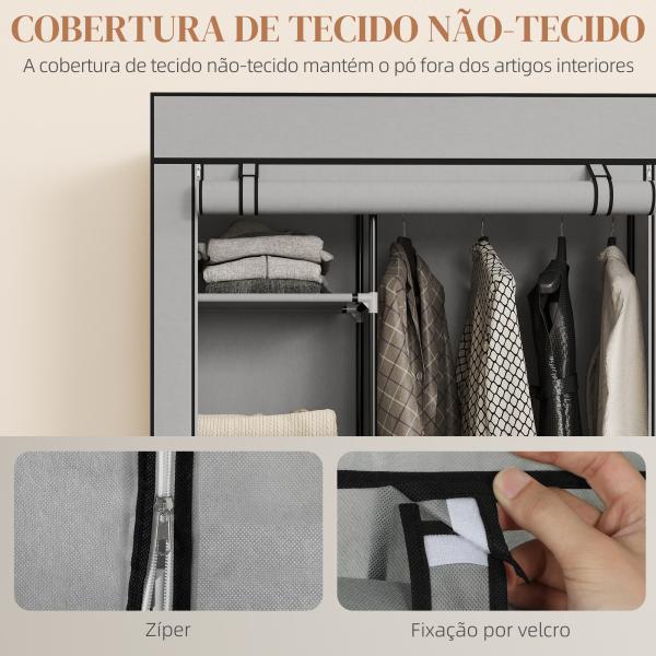 Roupeiro de Tecido Dobrável com 6 Prateleiras 1 Barra de Pendurar e Rodas para Dormitório Vestidor 103x43x162,5 cm Cinza