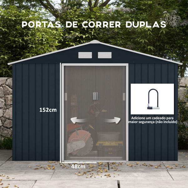 Abrigo de Jardim Metálico para Armazenamento de Ferramentas com Base de Reforço Incluída e 4 Janelas 277x195x192 cm Cinza Escuro