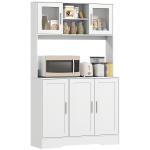Armário de Cozinha com 2 Portas de Vidro Bancada Ampla para Micro - ondas Compartimentos Abertos Prateleiras Ajustáveis Branco