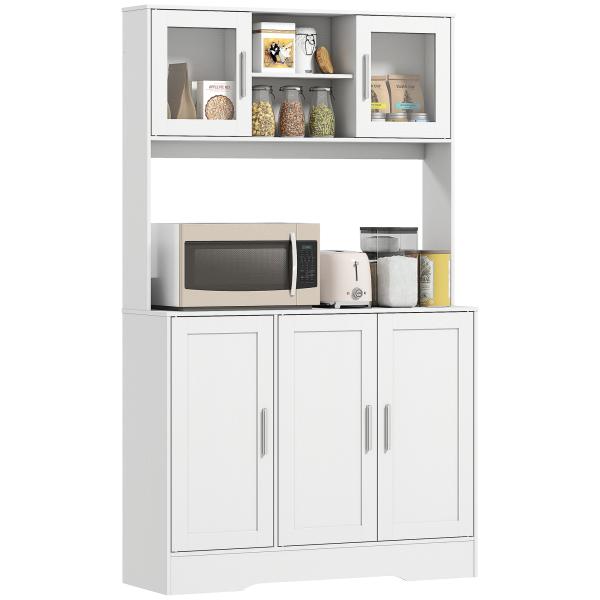 Armário de Cozinha com 2 Portas de Vidro Bancada Ampla para Micro - ondas Compartimentos Abertos Prateleiras Ajustáveis Branco