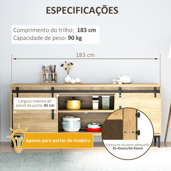Ferragens para Portas de Correr 183 cm Kit para Porta de Correr Dupla em Madeira Largura 45 cm Aço Carbono Preto