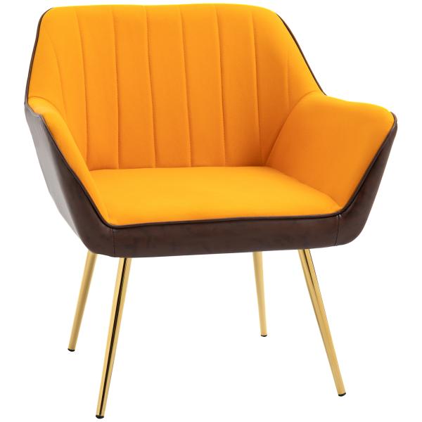 Poltrona de Sala de Estar Estofada em Couro Sintético e Veludo com Apoios para os Braços Pés Dourados 64x62x72,5 cm Amarelo