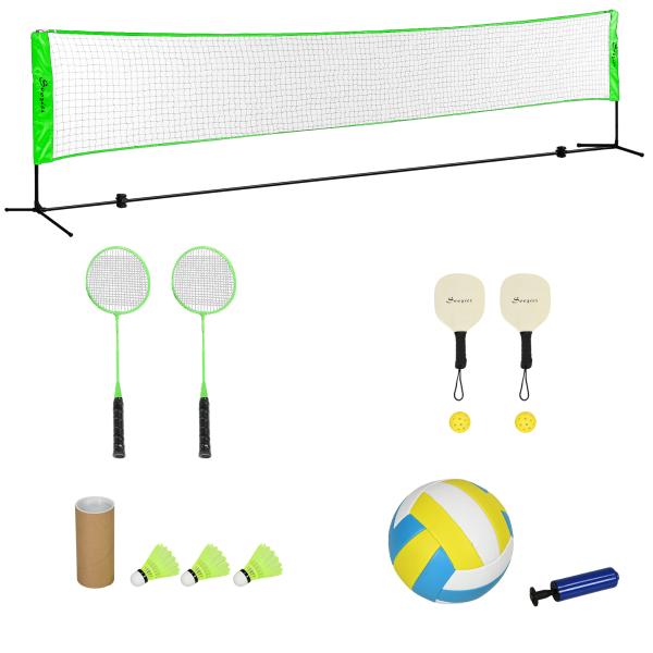 Kit de Badminton de 7 Peças Jogo de Badminton com 2 Raquetes 3 Badminton 2 Raquetes de Pickleball 2 Bolas de Pickleball Bola de Voleibol e Rede com Suporte Preto e Verde