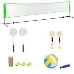 Kit de Badminton de 7 Peças Jogo de Badminton com 2 Raquetes 3 Badminton 2 Raquetes de Pickleball 2 Bolas de Pickleball Bola de Voleibol e Rede com Suporte Preto e Verde