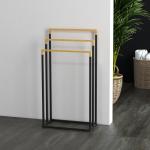 Toalheiro de Pé de 3 Níveis em Forma de Escada com 3 Barras de Bambu e Estrutura de Aço 45x22,5x86 cm Preto e Natural