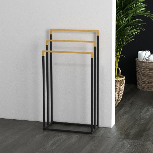 Toalheiro de Pé de 3 Níveis em Forma de Escada com 3 Barras de Bambu e Estrutura de Aço 45x22,5x86 cm Preto e Natural