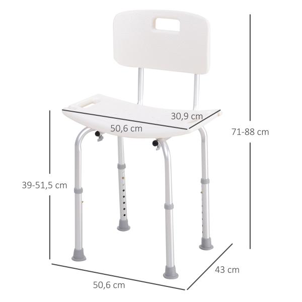 Cadeira para Duche Antiderrapante com Altura Ajustável em 8 Níveis Cadeira de Banho 50,6x43x71 - 88 cm Branco