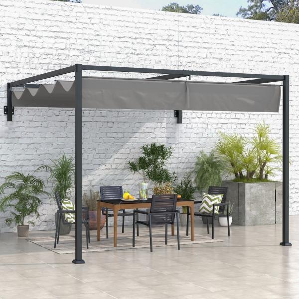 Pérgola de Parede 297x211x220 cm Pérgola de Jardim com Teto Retrátil e Estrutura de Aço Pérgola para Pátio Exterior Cinza Escuro