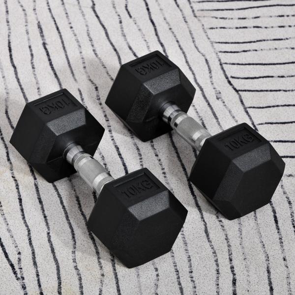 Conjunto de Halteres 20 kg com Barra Metálica e Cabeça Hexagonal Conjunto de Pesos para Treino 31x13,5 cm Preto e Prata