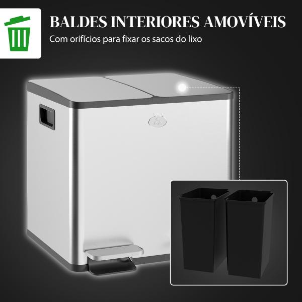 Balde de Lixo de Cozinha com 2 Compartimentos 2x15L Pedal Tampa de Fechamento Suave e Cubo Amovível Prata