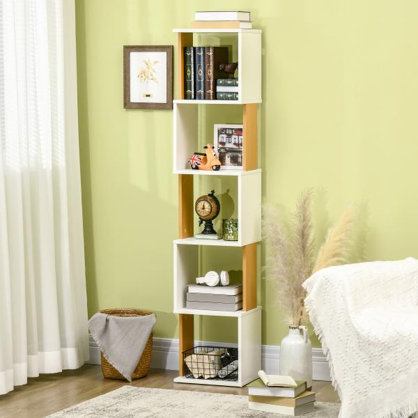 Estante de Livros em Forma de S Estante com 5 Prateleiras Abertas para Sala de Estar Escritório Anti - Tombo 33x28x161cm Branco