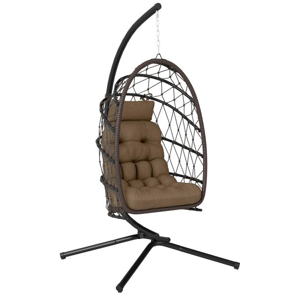 Cadeira Suspensa Tipo Ovo com Suporte, Cesto Dobrável, Almofada, Apoio de Cabeça e Corda, Suporta até 120 kg, Castanha