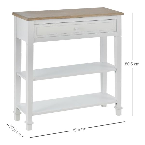 Mesa Consola Multifuncional Mesa Auxiliar para Sala de Estar Corredor Sala de Jantar com 2 Prateleiras 1 Gaveta Removível Puxador Estilo Retro Pinho 75,6x27,5x80,5 cm Madeira Natural e Branco
