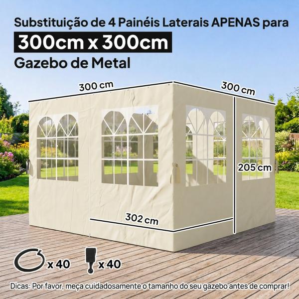 4 Paredes Laterais para Tenda 3x3 m Laterais de Tenda com Ganchos 8 Janelas e Proteção UV Creme