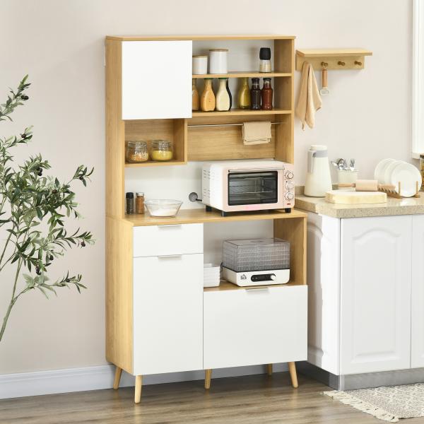 Armário de Cozinha com 3 Portas Gaveta Prateleira Ajustável Bancada para Micro - Ondas e Suporte para Panos 93x40x180 cm Madeira e Branco