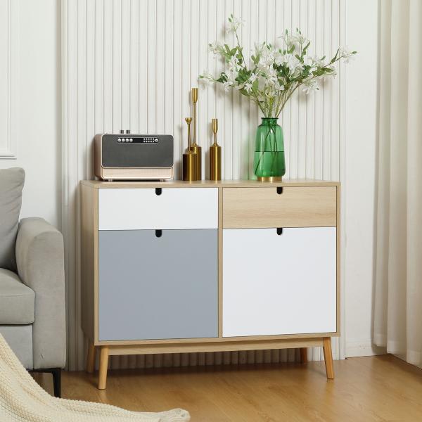 Aparador Auxiliar Móvel de Armazenamento com 2 Armários Fechados e 2 Gavetas Pés Elevados de Madeira de Pinho para Cozinha Dormitório Entrada 100x40x79,5cm Branco Cinza Madeira