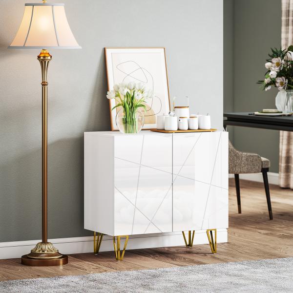 Aparador para Sala Aparador de Entrada com 2 Portas e Prateleiras Ajustáveis para Cozinha Sala 80x40x75 Branco Brilhante