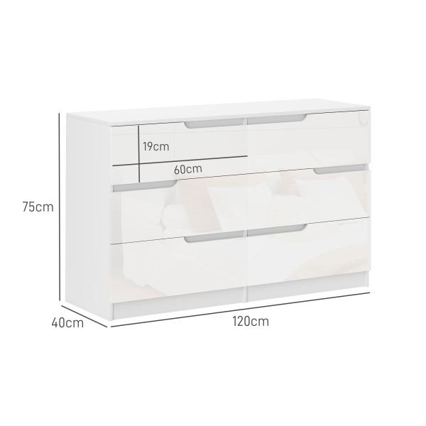 Cómoda com 6 Gavetas Cómoda de Dormitório Moderna com Sistema Anti - Tombo 120x40x75 cm Branco