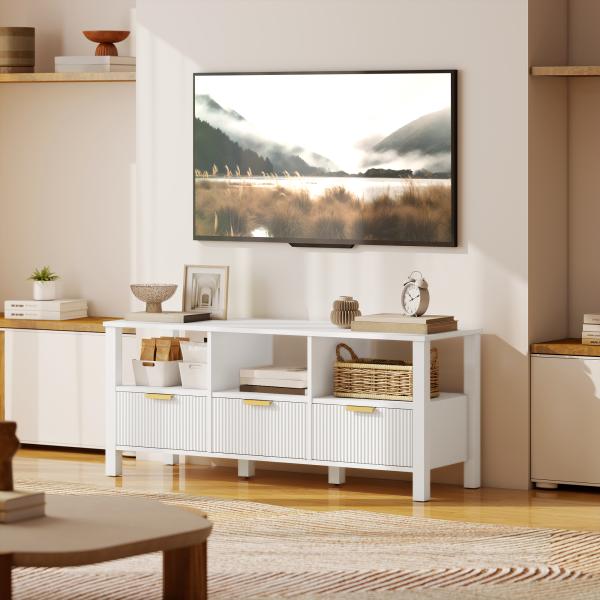 Móvel de TV Moderno com 3 Gavetas e 3 Prateleiras Abertas para Televisores de 43 - 55 Polegadas 120x39,5x50 cm Branco
