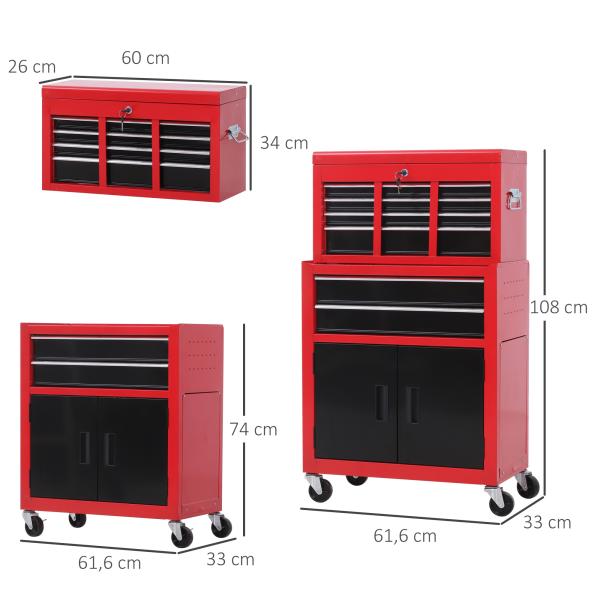 Carrinho de Ferramentas com Baú Superior 6 Gavetas Armário Fechadura e 4 Ganchos para Garagem 61,6x33x108 cm Vermelho