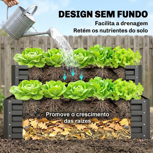 Caixa de Plantio de 2 Níveis Floreira Exterior de Aço com Desenho de Escada para Cultivos 120x101x58 cm Cinza Escuro